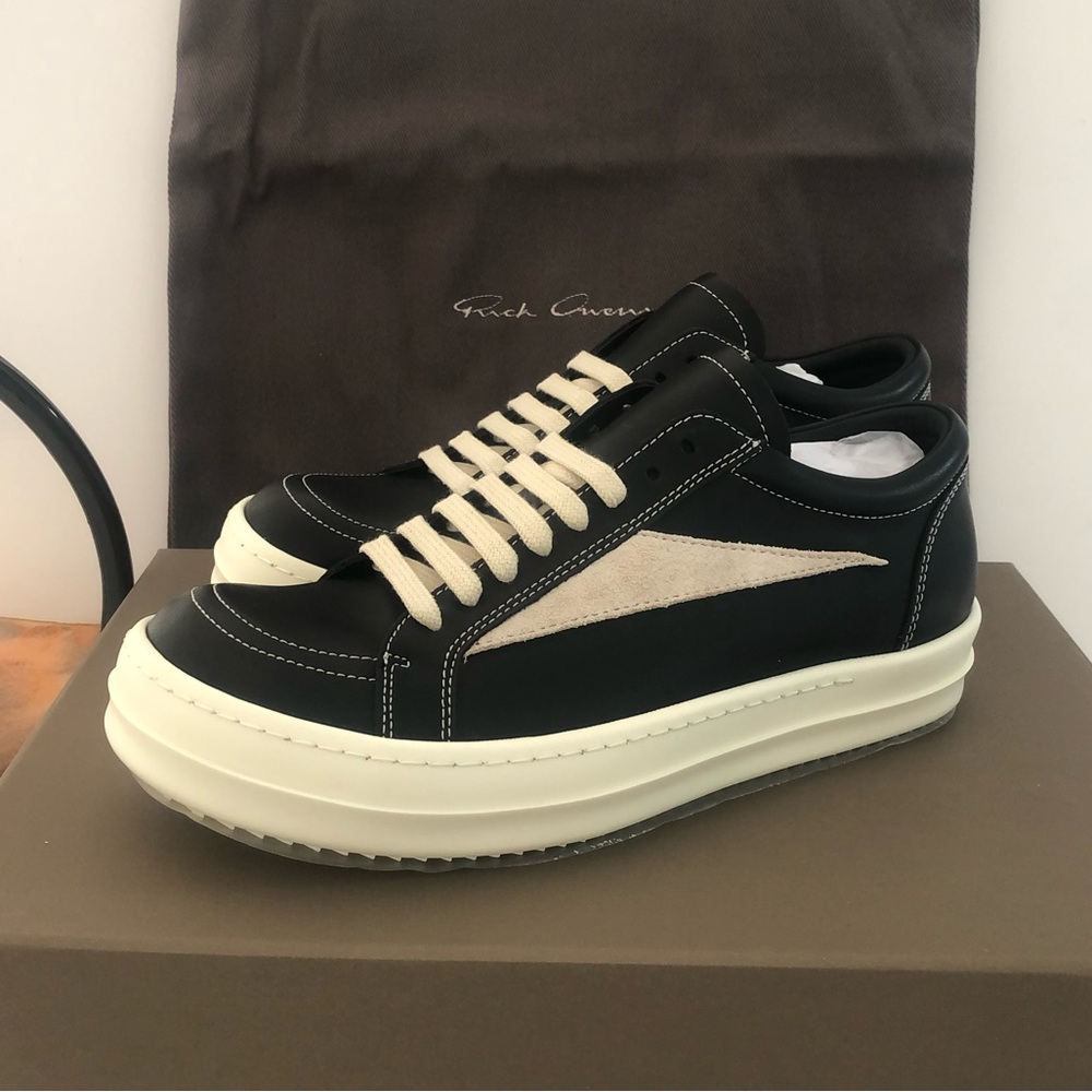 Rick Owens Designer Black White Leather Sneakers